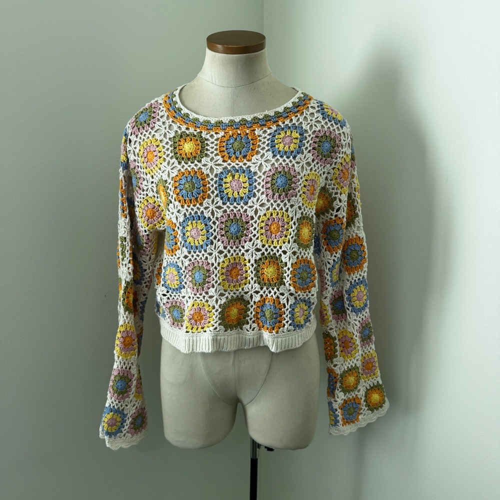MNG Small Crochet Granny Square Open Knit Sweater Retro 70s Y2K Boho Bohemian